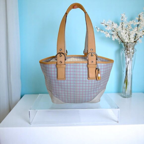 Vintage COACH Soho pastel blue plaid tote with vachetta leather & wristlet - Picture 3 of 15